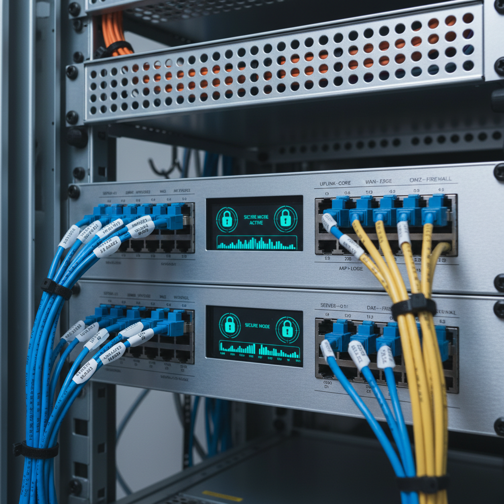 A close-up, high-resolution view of a metallic network switch with multiple gigabit Ethernet ports, each connected to neatly labeled blue and yellow cables. Small lock icons glow subtly on the device’s screen, indicating active security protocols, while traffic indicators pulse in synchronized patterns. The switch rests in a brushed aluminum rack inside a tidy wiring closet with structured cabling trays overhead. Cool, directional studio lighting from the upper left creates crisp highlights along the port edges and soft shadows beneath the cables. Shot with a shallow depth of field from a slightly low angle, the composition emphasizes precision and reliability. The atmosphere is clean, focused, and technical, embodying professional network installation and optimization in photographic realism.