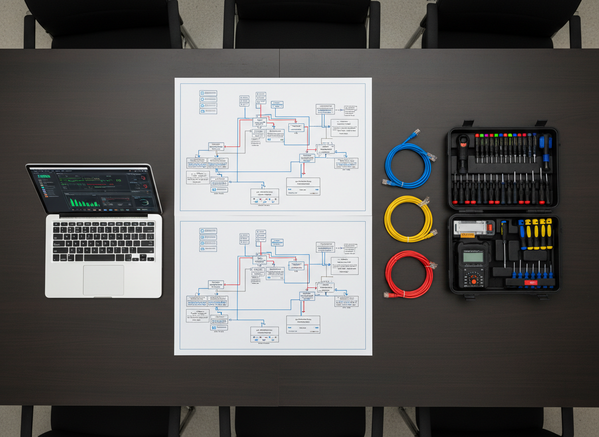 An overhead, bird’s-eye view of a carefully organized network planning table, featuring detailed printed network topology diagrams, a slim laptop displaying a security dashboard with graphs and alert counters, and several neatly coiled color-coded Ethernet cables. A compact, open network toolkit with precision screwdrivers, cable testers, and labelers rests to one side, arranged symmetrically. The table surface is a dark, matte wood that contrasts with the bright white paper and metallic tools. Neutral, diffused office lighting eliminates harsh shadows, creating an even, professional look. Photographed with sharp focus across the entire frame, the composition feels methodical and strategic. The atmosphere is analytical and trustworthy, emphasizing installation planning, optimization, and proactive security in a realistic, documentary-style image.