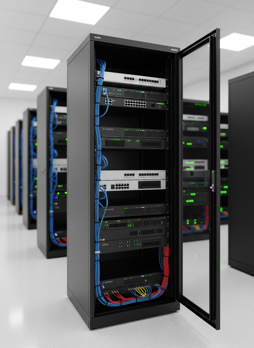 A sleek black enterprise network rack filled with neatly arranged routers, firewalls, and switches, their status LEDs glowing in organized patterns of green and blue. The rack stands in a pristine, modern server room with smooth light-gray flooring and matte white walls, cable management perfectly bundled in color-coded sleeves. Cool, diffused overhead LED lighting reflects softly off brushed metal surfaces, creating clean highlights without harsh glare. Photographed at eye level with a slight three-quarter angle, the foreground equipment is in sharp focus while rows of additional racks fade into a gentle bokeh. The mood is professional, reliable, and high-tech, emphasizing order, security, and robust connectivity in a photorealistic, corporate aesthetic.