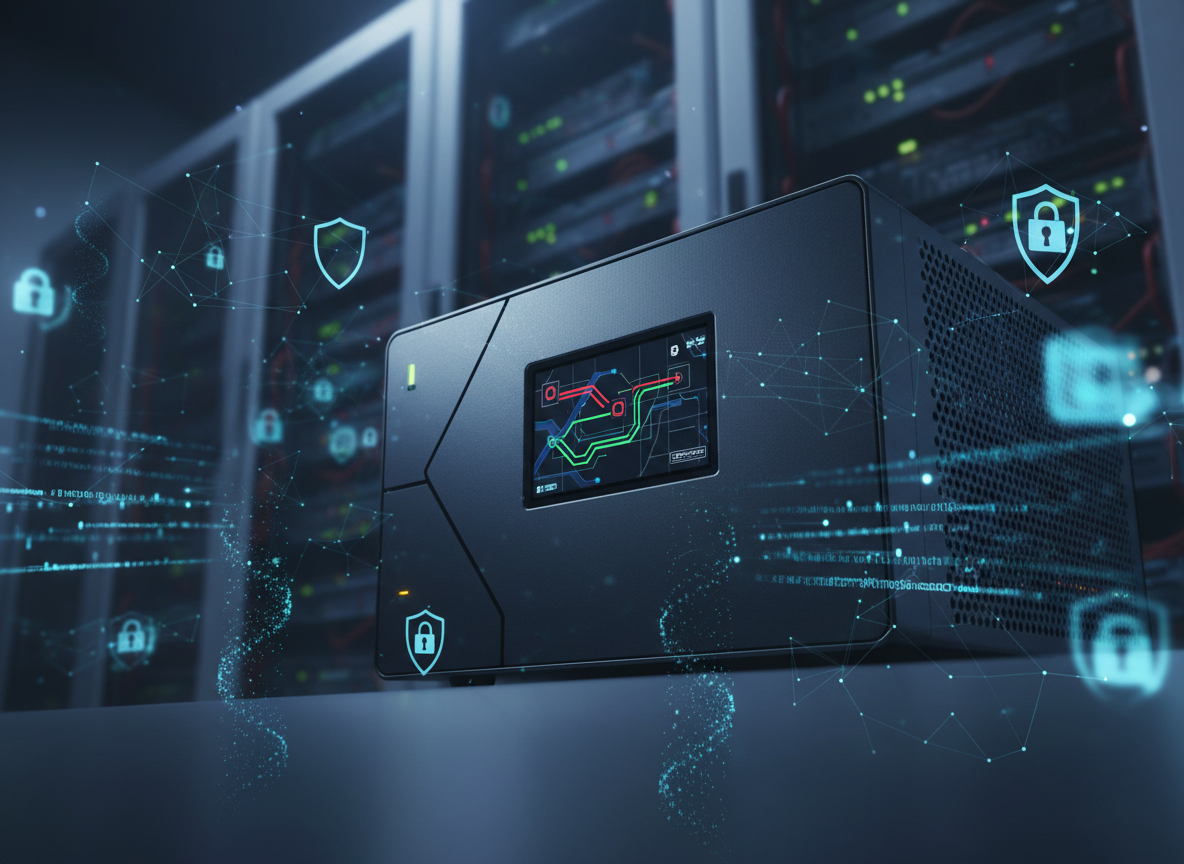 A close-up of a high-security network environment featuring a matte-black next-generation firewall in the foreground, its small embedded screen showing a simplified map with blocked threats and allowed traffic paths. Behind it, a blurred background of server racks is overlaid with semi-transparent holographic-style graphics of padlocks, shield icons, and encrypted data streams, subtly integrated into the scene. Cool, low-key lighting with a soft blue cast highlights the edges of the firewall and creates gentle reflections on its metal casing, while leaving the surroundings slightly darker for contrast. Shot from a low, cinematic angle, the depth of field isolates the security appliance as the clear hero subject. The mood is vigilant, robust, and technologically advanced, perfectly aligning with professional network security and continuous protection in a photorealistic, high-tech aesthetic.