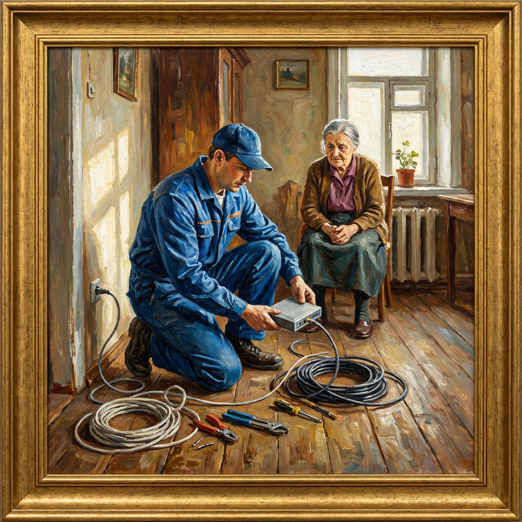 Oil painting of a technician installing a router for an elderly woman in her home.