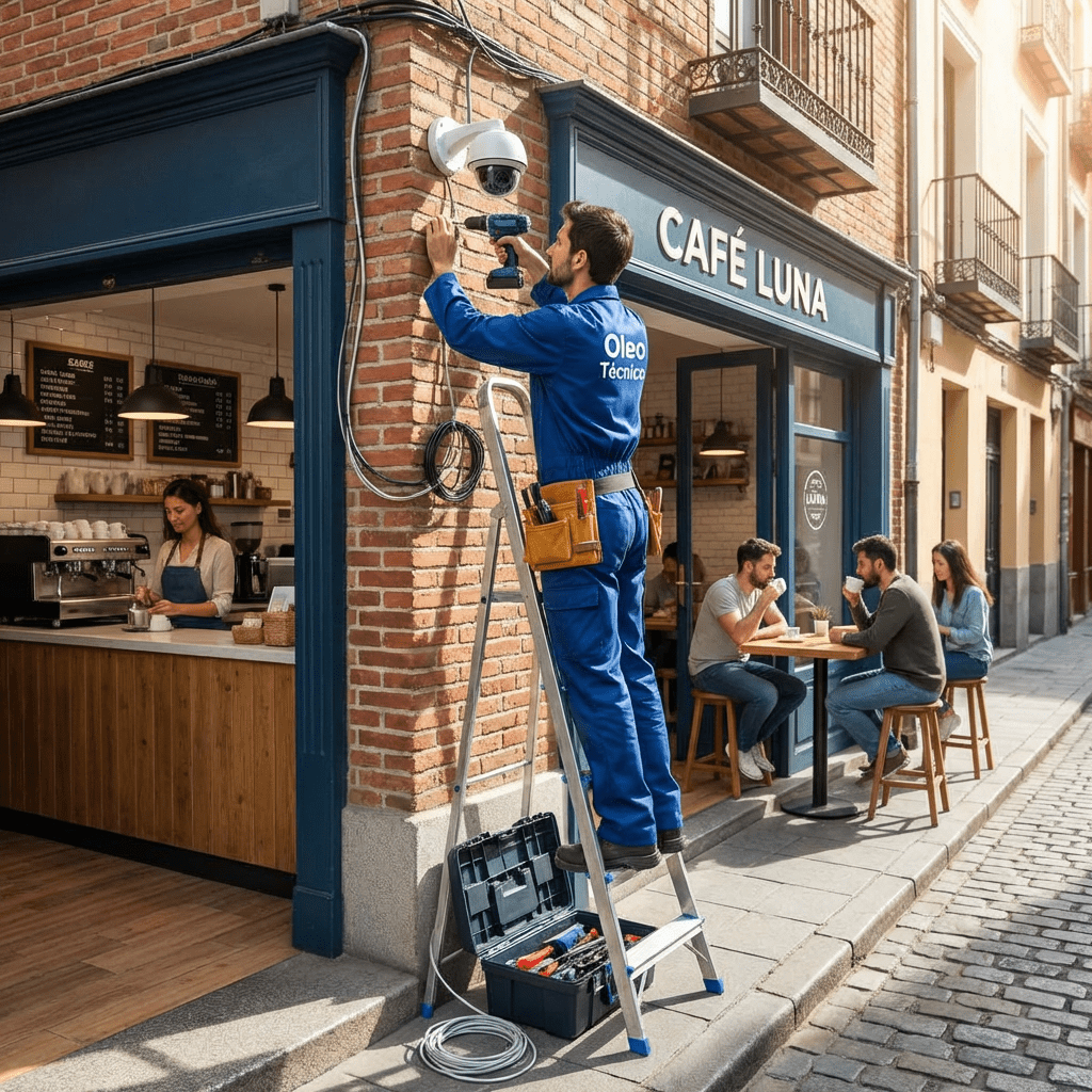 Technician on a ladder installing a security camera outside Café Luna with customers nearby.