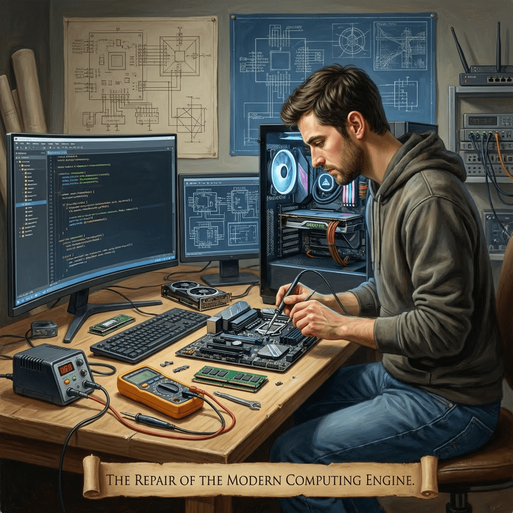 Technician soldering a motherboard at a desk. Text: THE REPAIR OF THE MODERN COMPUTING ENGINE.