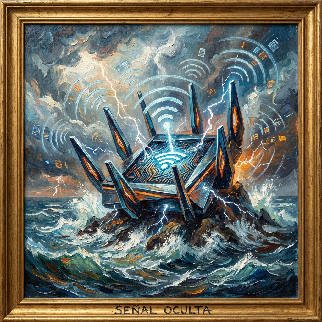 Oil painting titled SEÑAL OCULTA featuring a giant router on rocks in a stormy sea.