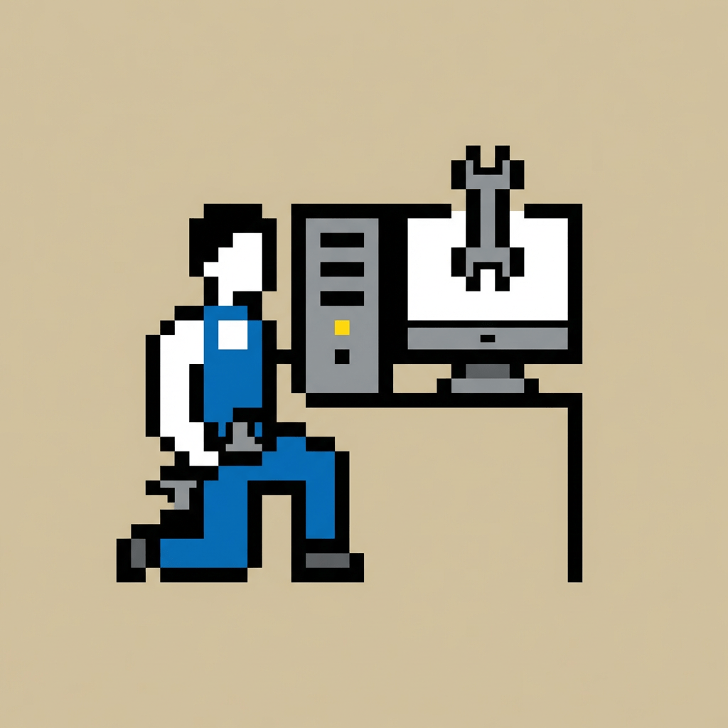 Pixel art technician in blue overalls repairing a computer tower and monitor with a wrench symbol.