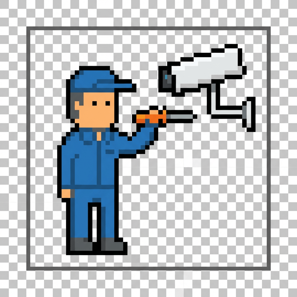 Pixel art technician in a blue uniform repairing a white wall-mounted security camera.
