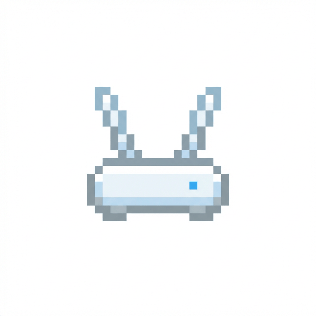 Pixel art illustration of a white wireless router with two antennas and a blue light.