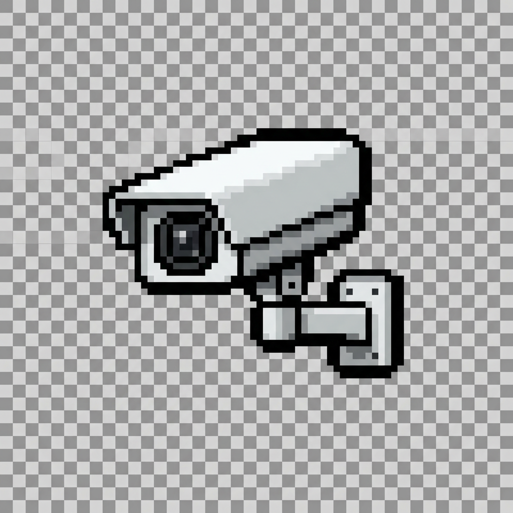 Pixel art security camera in grayscale, mounted on a wall bracket.