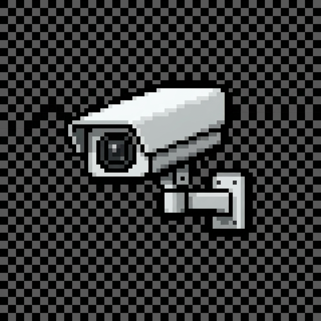 Pixel art security camera in grayscale, mounted on a wall bracket.