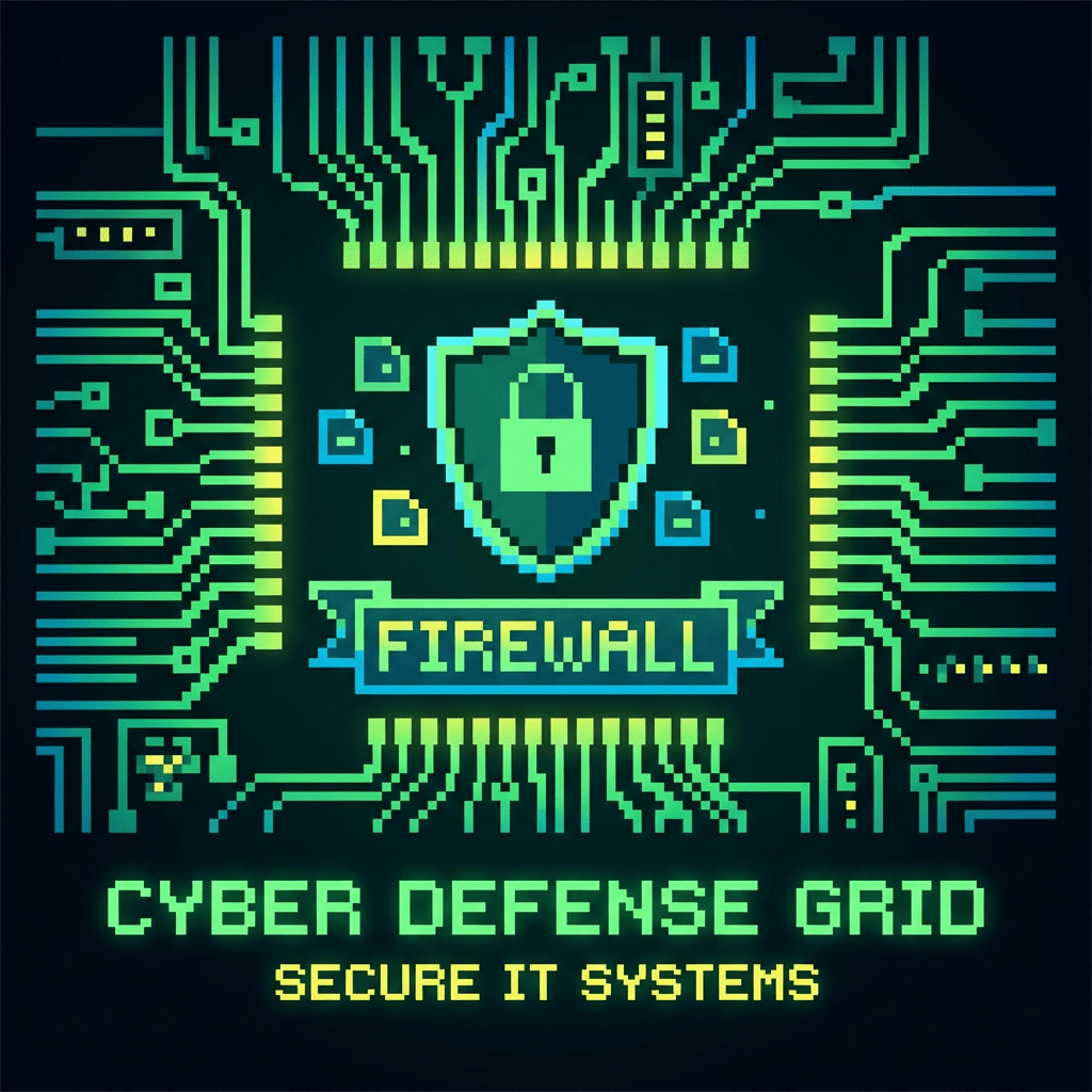 Pixel art graphic with a shield, padlock, and text FIREWALL, CYBER DEFENSE GRID, SECURE IT SYSTEMS.