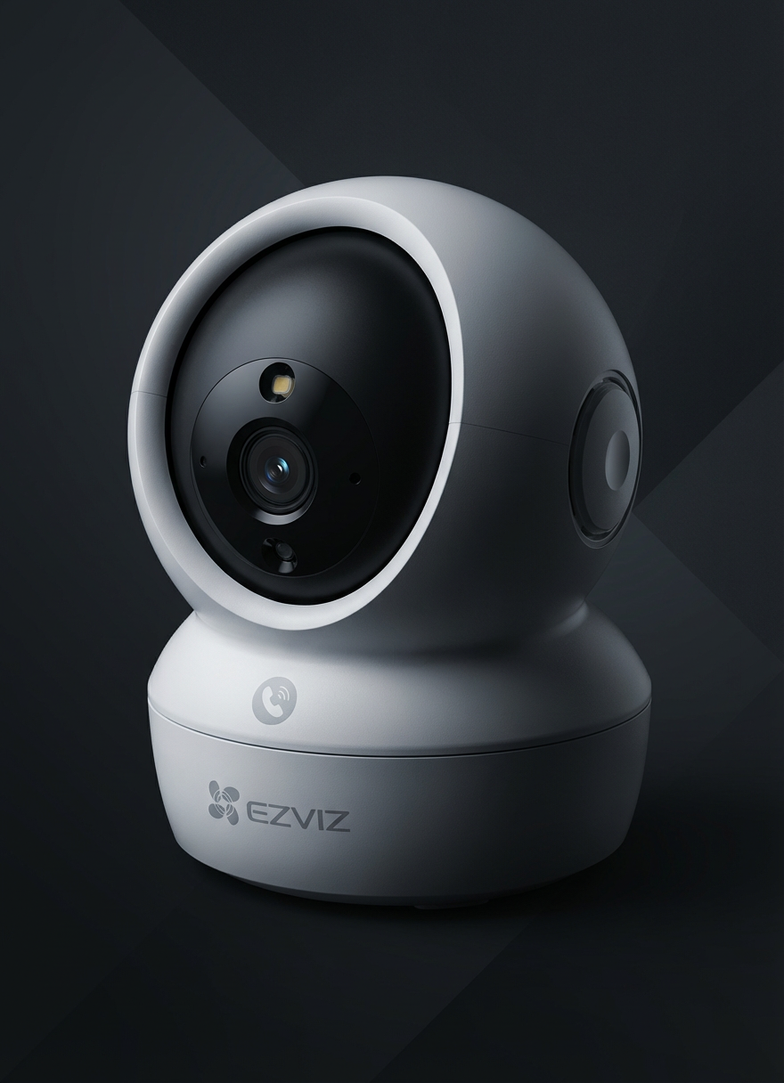 White and black EZVIZ indoor security camera featuring a rotating lens and call button.